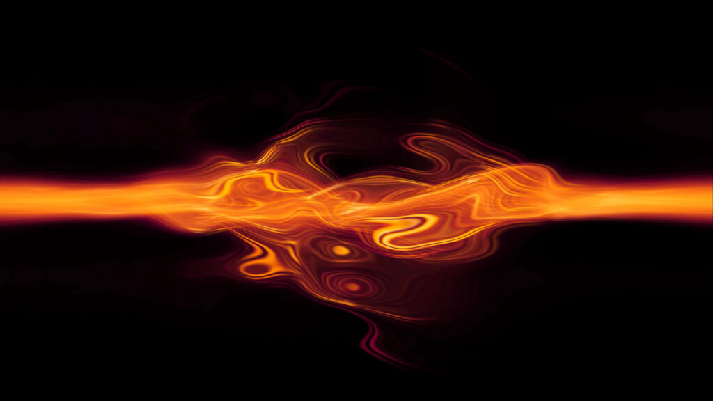 Turbulence dans un fluide gazeux orange sur fond noir